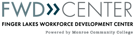 FWD Center Logo with text: Finger Lakes Workforce Development Center, Powered by Monroe Community College